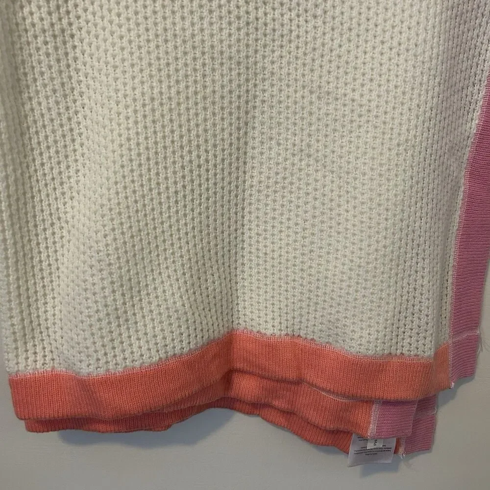 Lambs & Ivy Baby Blanket Cream With Satin Trim Pink And Orange Waffle Knit 47x37